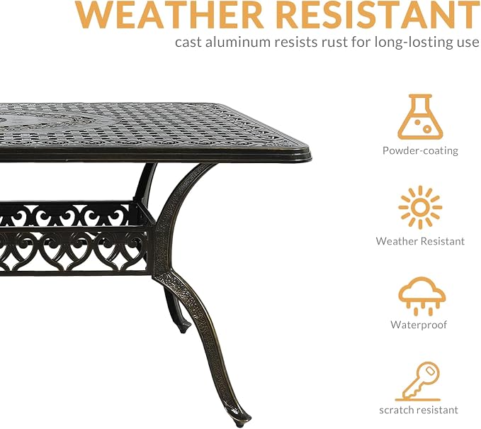 7-Piece Outdoor Patio Dining Set, 60” Rectangular Cast Aluminum Dining Table with Umbrella Hole and 6 Cushioned Swivel Rocker Chairs, Patio Funiture Set for Backyard, Patio, Garden, Red