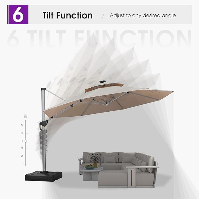 PURPLE LEAF 13ft Patio Umbrella with Lights Outdoor Round Large Cantilever Umbrella Solar Powered LED Windproof Offset Umbrella Heavy Duty for Garden Deck Pool Patio, Beige