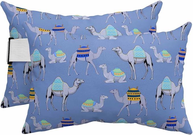 Chaise Lounge Headrest Pillow 2 Pack, Blue Camels Waterproof Chair Pillows with Insert & Adjustable Elastic Strap for Beach Pool Recliner, Modern Watercolor Cute Funny Animals Outdoor Patio Pillow