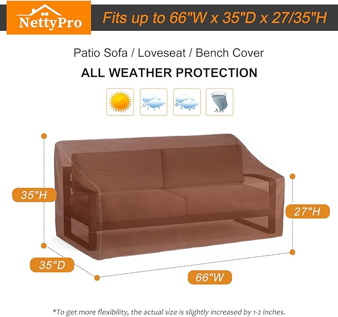 NettyPro Patio Sofa Cover Waterproof Heavy Duty Outdoor Couch Furniture 3 Seater Daybed Cover, 66" Wx 35" Dx 35" H, Brown