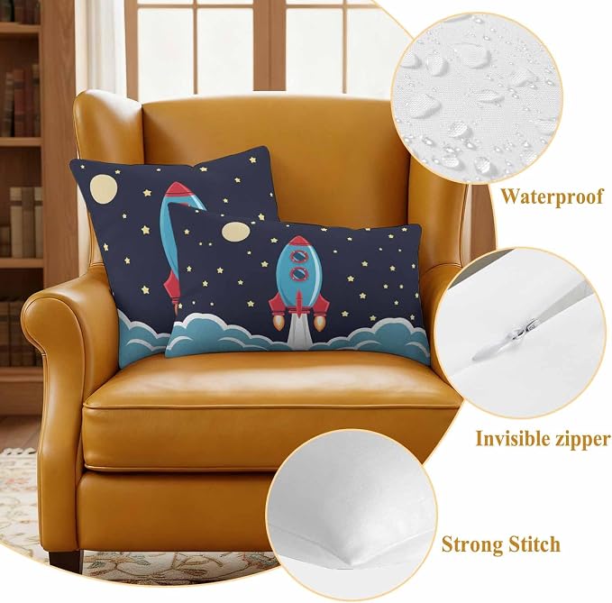 Rocket Stars Outdoor Waterproof Throw Pillow Covers Set of 2, 26"x26", Moon Sky Cartoon Space Craft Decorative Pillow Covers Outside Cushion Case for Patio Porch Garden