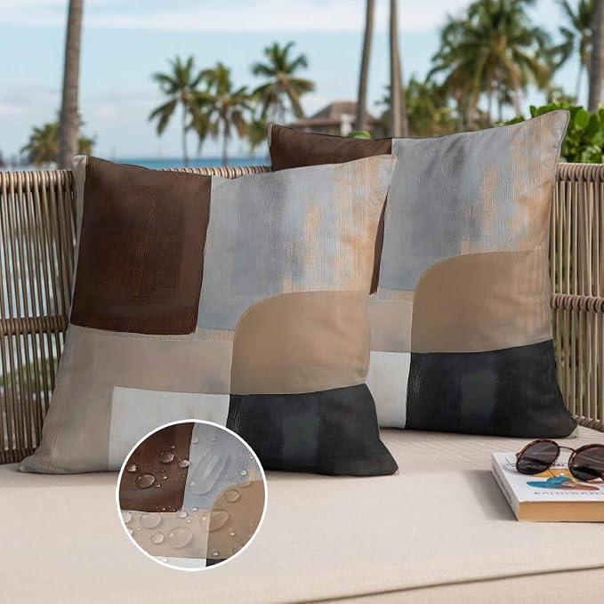 Abstract Ombre Brown Black White Outdoor Waterproof Throw Pillow Covers Set of 2, 24"x24", Modern Art Gradient Decorative Pillow Covers Outside Cushion Case for Patio Porch Garden