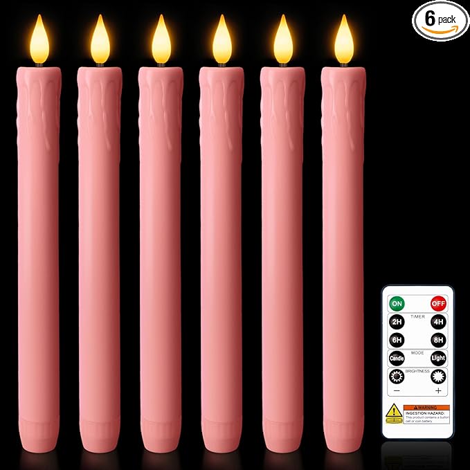 Homemory 6 Pcs Real Wax Pink Flameless Taper Candles with Remote Timer, 9.6 Inches LED Fake Candlesticks, LED Candle with 3D Flickering Flame for Romantic Wedding, Dinner, Xmas Anniversary Decor