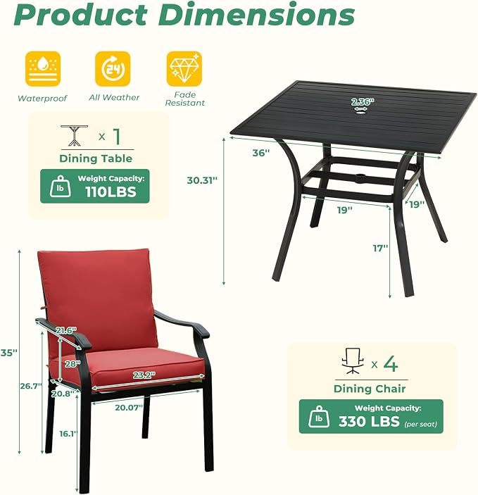 LVUYOYO 5-Piece Outdoor Patio Dining Set, Metal Stackable Chairs & Square Table Set, All-Weather Furniture for Backyard, Garden,Balcony,Porch (Red)