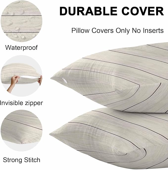 Vandarllin Outdoor Throw Pillow Covers 18X18 Set of 2 Waterproof Ivory White Decorative Zippered Cushion Covers for Patio Furniture, Farmhouse Retro Rustic Barn Wood Texture Lumbar Pillowcases