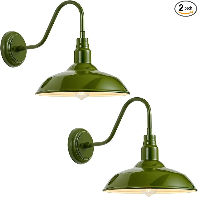 14 Inch Dome Outdoor Gooseneck Barn Lights Olive Green Farmhouse Exterior Wall Lights for Porch, 2Pack Patio Barn Style Wall Mount Gooseneck Lighting for House, Garage