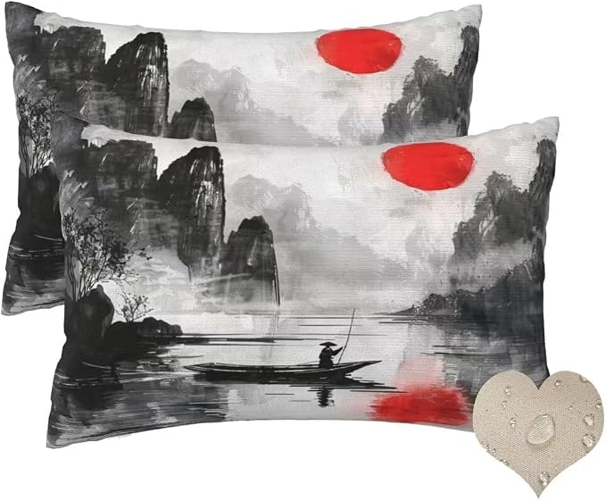 Outdoor Pillows Waterproof Set of 2 Outdoor Pillow Covers 16x24 Inch, Chinese Throw Pillows Japanese Pillow Covers, Garden Decorative Pillows Outdoor Pillows for Patio Furniture Car Home Decor -hs467