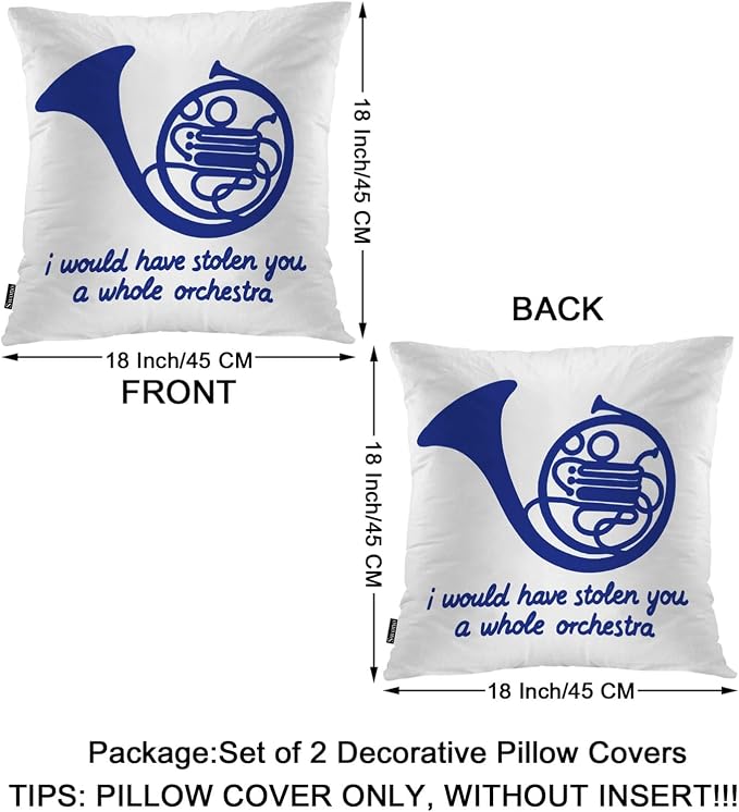 Swono Couch Pillow Cover Set of 2 Horn, Blue French Horn Throw Pillowcase Cushion Cover 18 X 18 Inch Pillows Covers Decor for Sofa Bedroom Car Living Room, I Would Have Stolen You A Whole Orchestra