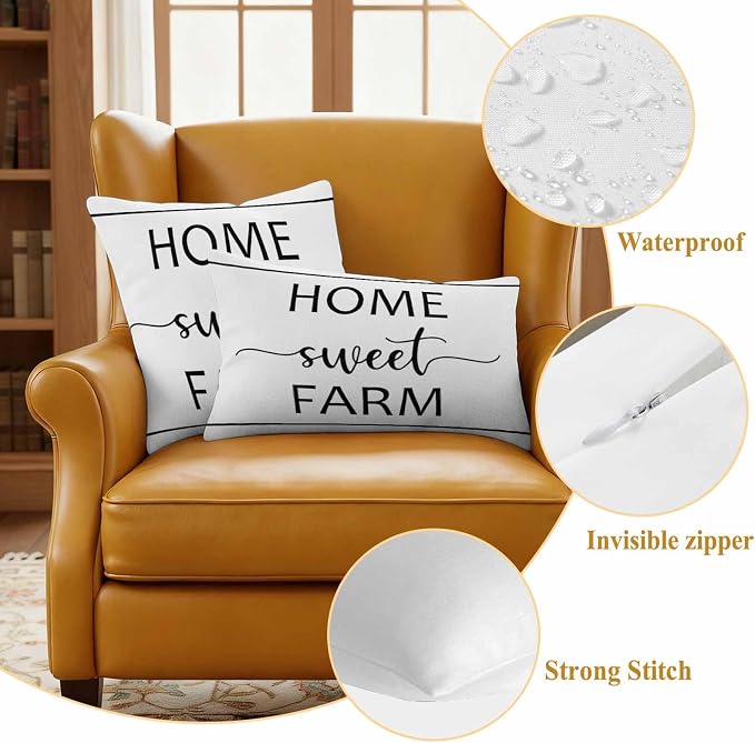 JasmineM Outdoor Pillow Cover 12x20 Inches Set of 2 Home Sweet Farm Waterproof Throw Pillow Covers Farmhouse Funny Quote Decorative Pillowcases Garden Cushion Case for Patio Couch Sofa