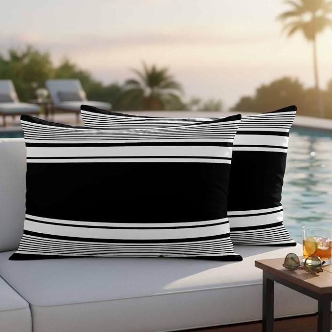 Outdoor Waterproof Throw Pillow Covers, Black Striped Decorative Pillow Cases, Modern Color Block Farmhouse Stripes Couch Pillow Protector Patio Sofa Cushion Covers Replacement 20"x12" 2 Pack