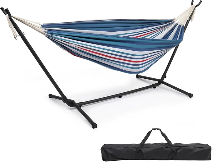 Double Hammock Chair with Stand, 2-Person Portable Hammock with Carrying Bag, Heavy Duty Hammocks for Outside Backyard, Camping, Garden, Yard, Patio, 330 lbs Weight Capacity (Blue Purple Stripes)