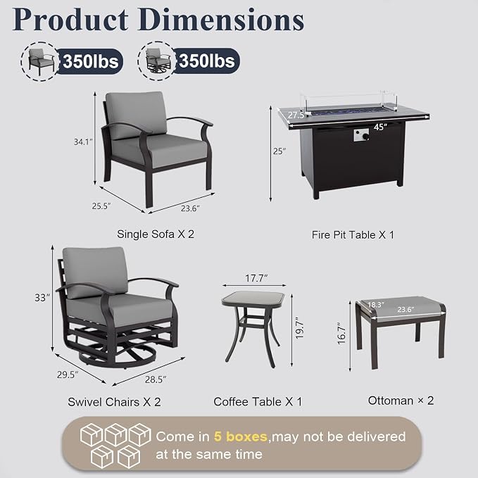 ALAULM Aluminum Patio Furniture Set with Propane Fire Pit Table 6-seat Metal Outdoor Furniture w/Swivel Chairs Patio Sectional Sofas w/5.1" Cushions for Patio, Backyard, Poolside-Grey