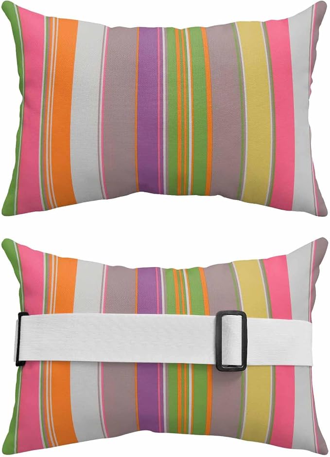 Outdoor Lumbar Pillows with Strap & Insert Colorful Stripes Lines Recliner Head Pillow Pack of 2 Classic Vertical Striped Waterproof Headrest Patio Lounge Chair Pillows for Beach Office 12x20 Inch