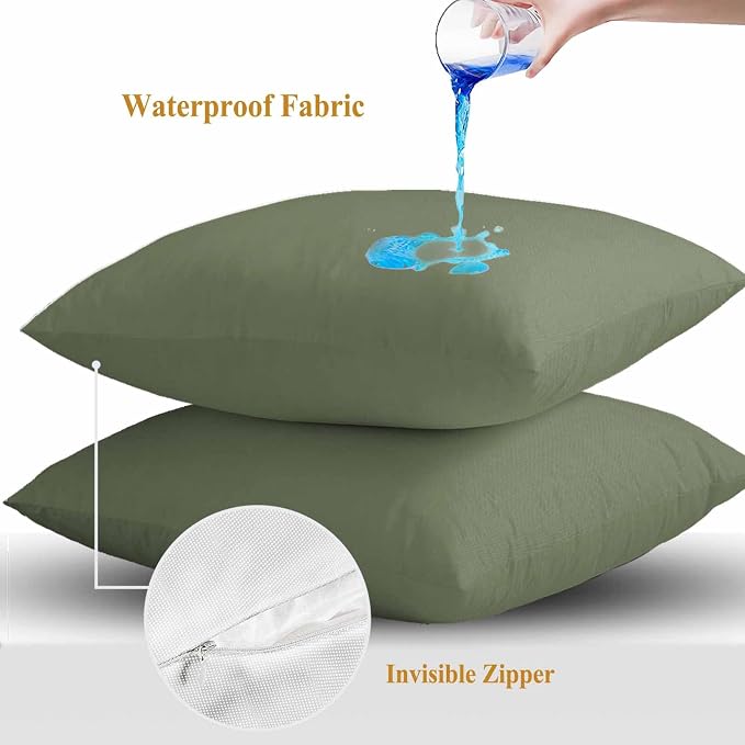 Throw Pillow Covers 24x24 Inch Set of 2, Green Solid Color Waterproof Outdoor Pillow Covers, Aesthetics Contemporary Luxury Decorative Cushion Pillowcases for Couch, Sofa, Bed, Garden, Patio