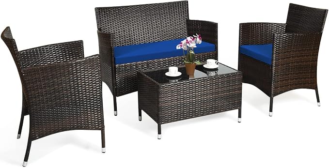 COSTWAY 4PCS Rattan Patio Furniture Set | Outdoor Wicker Rattan Chairs with Coffee Table, Rattan Cushioned Conversation Set for Backyard Balcony Porch Poolside, Navy