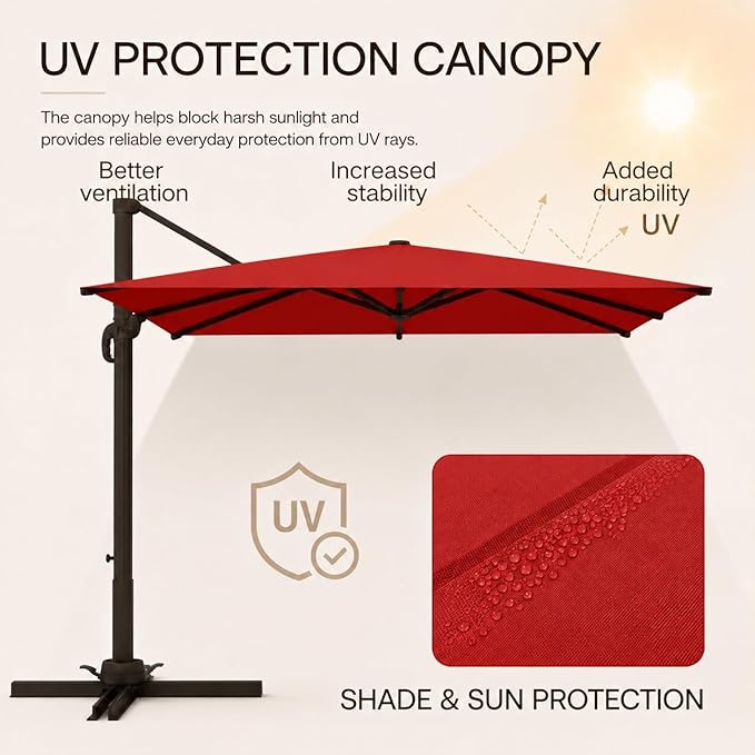 Kingdura 9' X 9' Cantilever Patio Umbrella with Base Included, Large Square Outdoor Offset Umbrella with 360-degree Rotation, 4 Position Tilt, UV Protection for Pool Deck Garden Patio (Red)