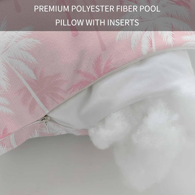 Tropical Palm Tree Outdoor Pillows for Chaise Lounge Chair Waterproof Lumbar Pillows with Insert&Adjustable Elastic Strap Beach Headrest Pillow Pink White Plants Coastal Leaf Beach Pool Pillow 11"x16"