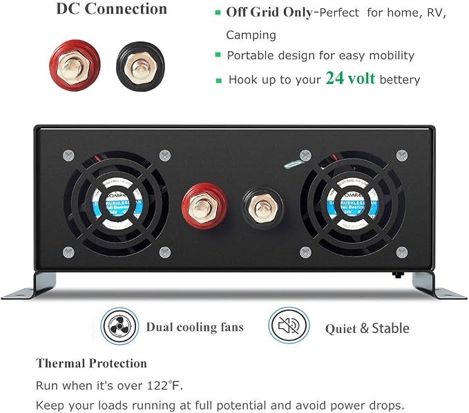WZRELB 1000W 24VDC 120VAC Pure Sine Wave Power Inverter with 2 AC Outlets Wired Remote Control Car Inverter (RBP-100024WR)
