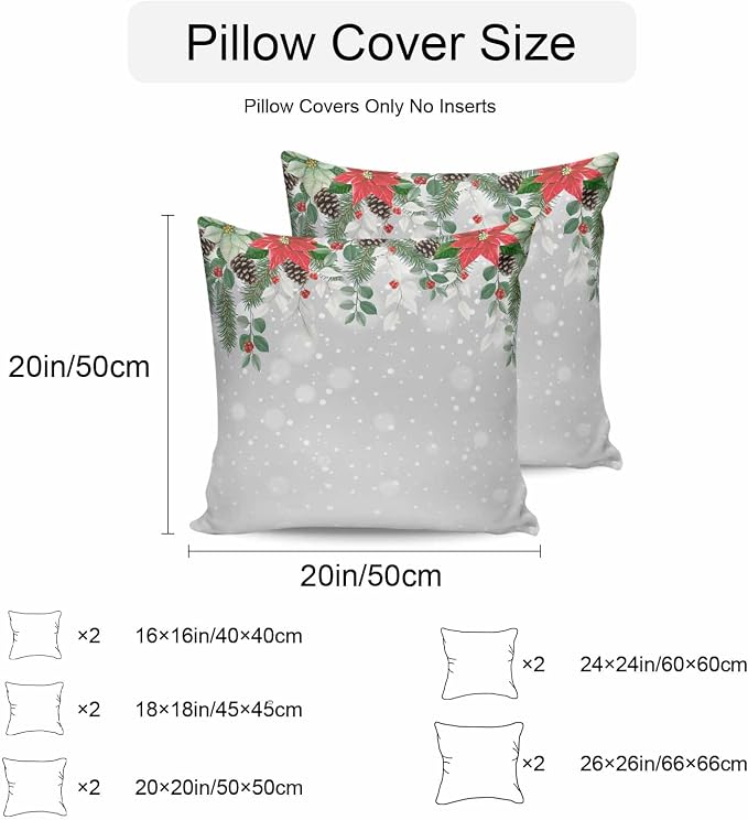 Outdoor Throw Pillow Covers, Christmas Poinsettia Flower Pine Cones Eucalyptus Leaf Winter Snowflake Gray Waterproof Pillowcases Cushion Covers Cases for Patio Couch Bench, Pack of 2 Square, 16"X16"