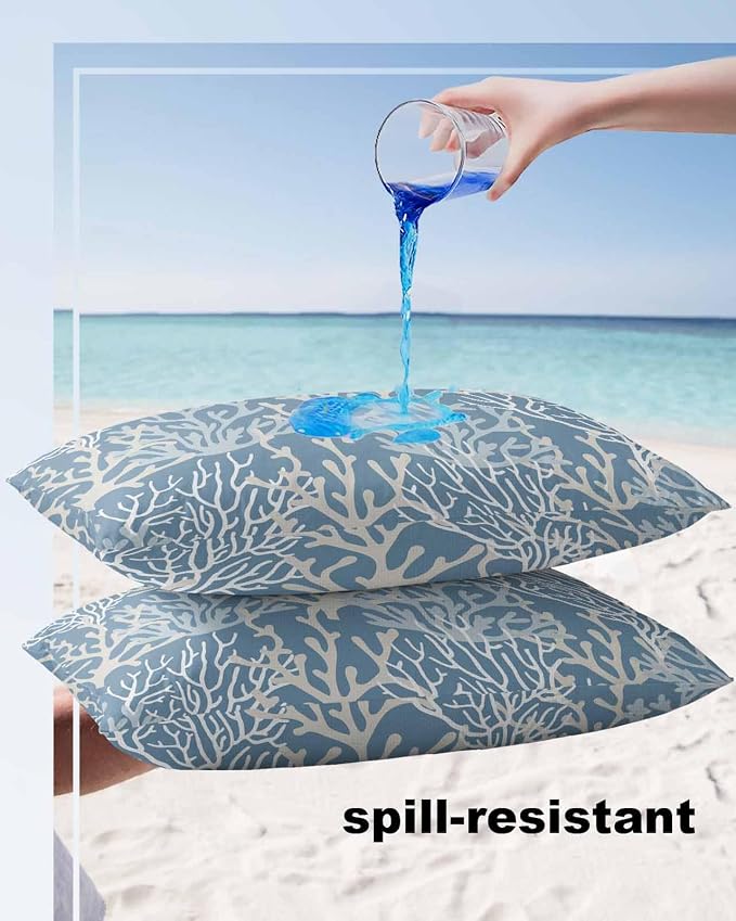 Outdoor Waterproof Throw Pillow Covers Set of 2 Teal Blue Coral Lumbar Pillowcases 20x12 Inches Nautical Coastal Marine Life Patio Decorative Pillows Cushion Case Patio Pillows for Couch Bed Garden