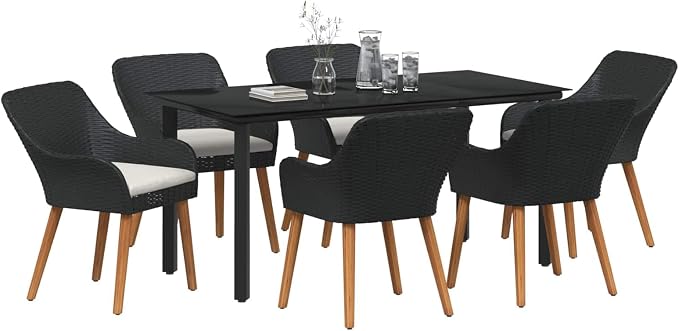 7 Piece Garden Dining Set with Cushion Black Poly Rattan Outdoor Patio Furniture Table and Chairs for 6 People Weather Resistant Easy Assembly Backyard Poolside Entertaining