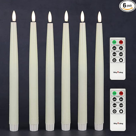 Rhytsing 11.4" Flameless Taper Candles with Timer Function, Battery Operated Dinner Tall Candlestick Rustic Wax, Warm White LED, 2 Remotes Included - Set of 6 (Ivory)