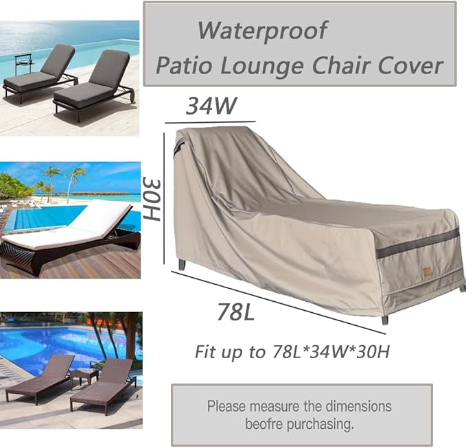 Patio Chaise Lounge Cover Waterproof , Heavy Duty Outdoor Lounge Chair Covers , Beige Durable Patio Furniture Covers , 1 Pack , 78L*34W*30H inch