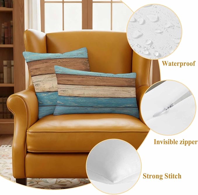 Farmhouse Light Blue Brown Outdoor Waterproof Pillow Covers, Vintage Wooden Striped Decorative Rectangle Throw Pillowcase Sofa Cushion Sham for Patio/Couch/Chair, 20"x12" 2 Pack
