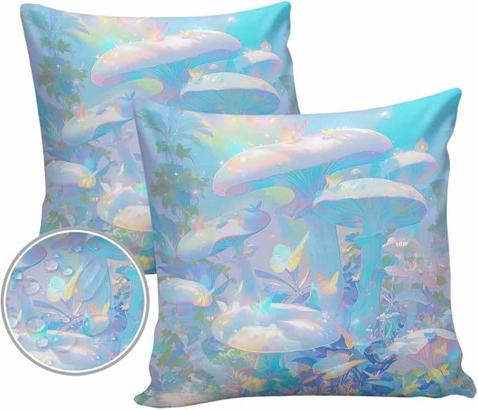 Outdoor Waterproof Throw Pillow Covers 24x24in, Abstract Rainbow Colors Cushions for Garden Patio Furniture Chairs Set of 2, Soft Butterfly Mushroom Home Decor Couch Sofa Polyester Pillow Cases