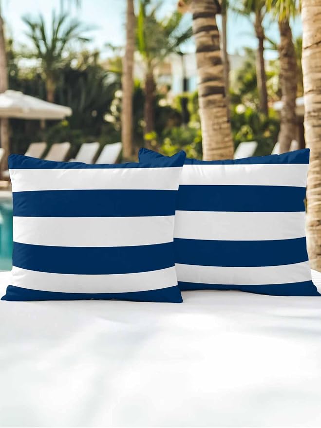 Waterproof Outdoor Pillow Set of 2 Navy Blue White Stripe Decorative Throw Pillows Cover & Insert 18x18 Inch Pillowcase Simple Style Striped Pillows for Couch Sofa Bed Patio Furniture Indoor Outdoor