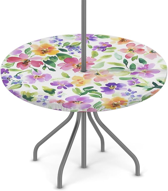 OSAM SPACE Outdoor Tablecloth with Umbrella Hole, Round Elastic Fitted Table Cloth with Invisible Zipper,Watercolor Flowers Picnic Patio Table Cover 45-56in