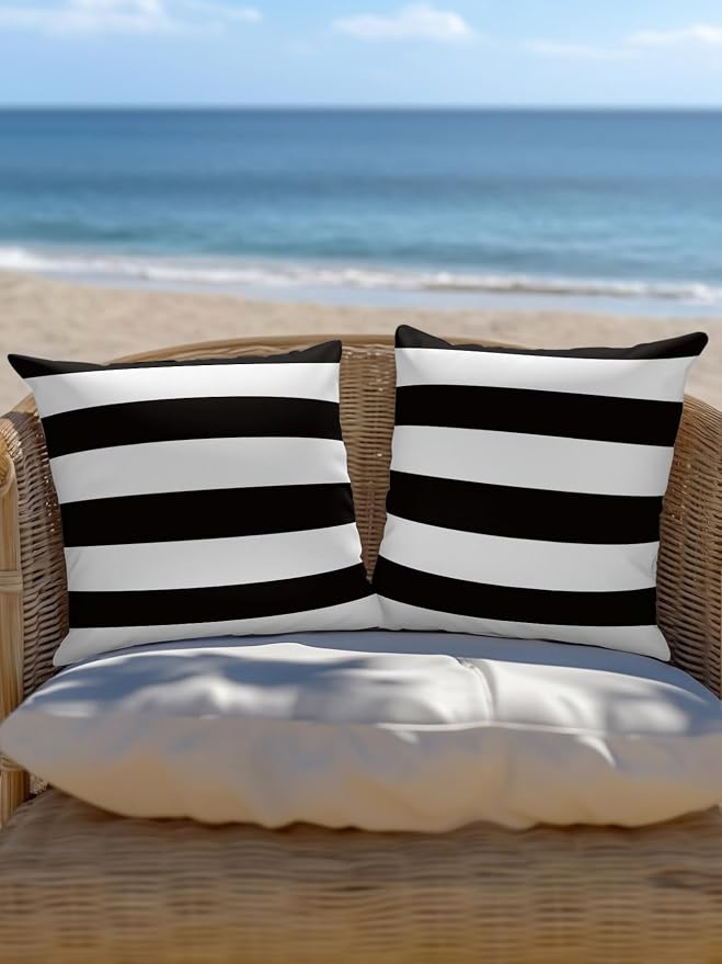 Waterproof Outdoor Pillow Set of 2 Black White Stripe Decorative Throw Pillows Cover & Insert 18x18 Inch Pillowcase Simple Style Striped Pillows for Couch Sofa Bed Patio Furniture Indoor Outdoor