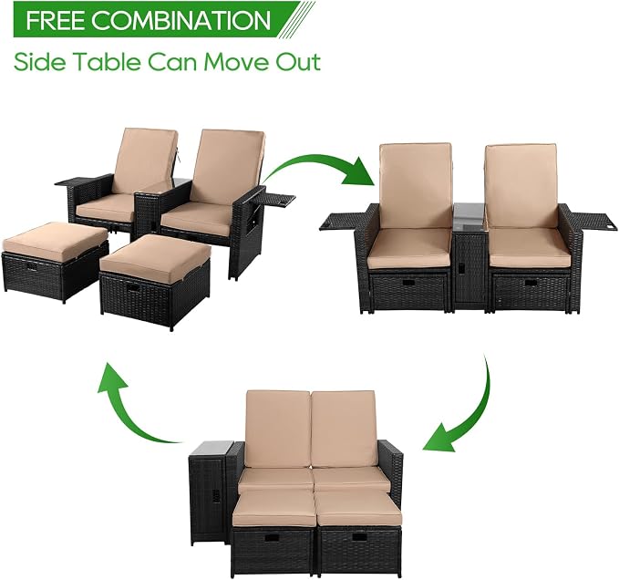 Patio Wicker Loveseat - Outdoor Rattan Sofa Set with Cushion - Adjustable Lounge Chair with Ottoman Footrest, Wicker Furniture for Garden, Patio, Balcony, Beach, Coffee Bar, Deck