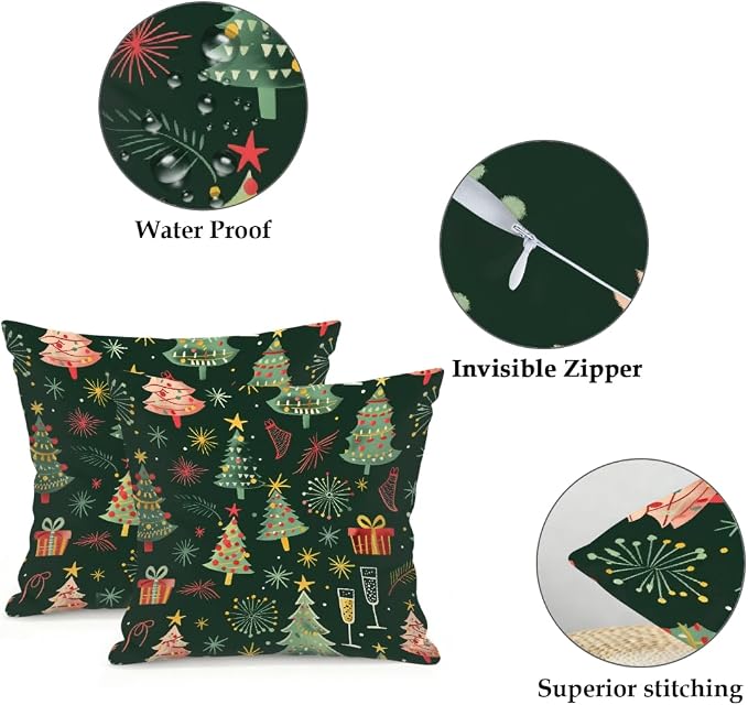 18x18 Inch Outdoor Pillow Covers Set of 2 Waterproof Throw Pillow Covers Decorative Couch Cushion Covers Merry Christmas Tree Square Pillowcases Protectors for Patio Garden Sofa