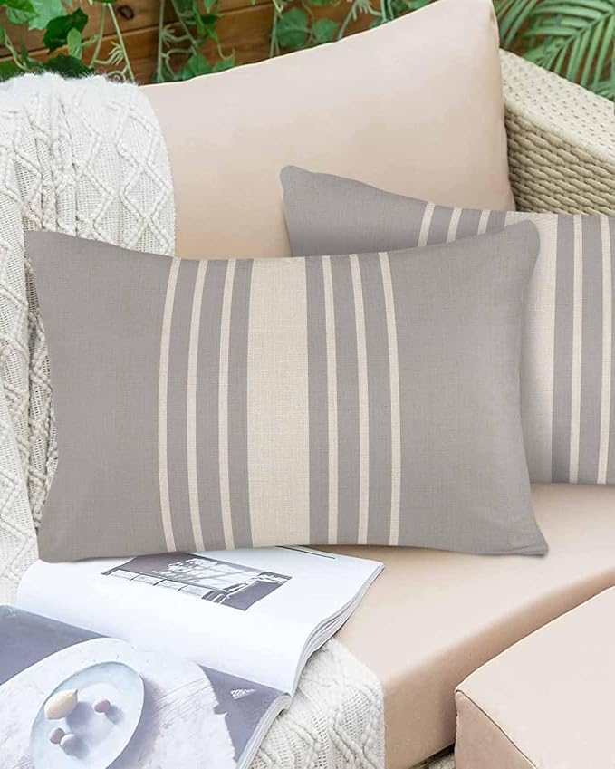 Vandarllin Outdoor Throw Pillows Covers 20x12 inch Set of 2 Waterproof Grey Vertical Stripes Decorative Zippered Cushion Covers for Patio Furniture, Classic Striped Linen Lumbar Pillowcases