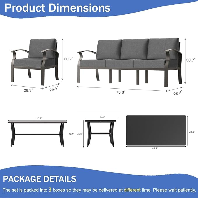 Aluminum Patio Furniture Set with Rectangular Coffee Table, 5 Seats Outdoor Patio Conversation Sets w/5.1" Cushions,Patio Conversation Sets for Garden, Backyard, Porch-Grey