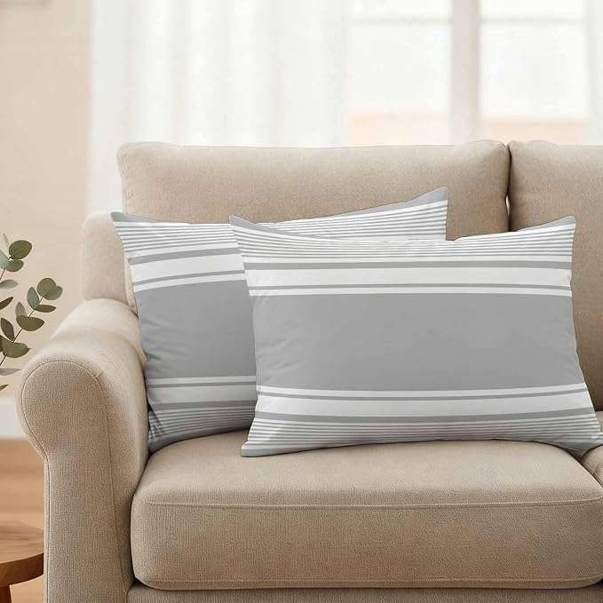 Outdoor Waterproof Throw Pillow Covers, Grey Striped Decorative Pillow Cases, Modern Color Block Farmhouse Stripes Couch Pillow Protector Patio Sofa Cushion Covers Replacement 20"x12" 2 Pack