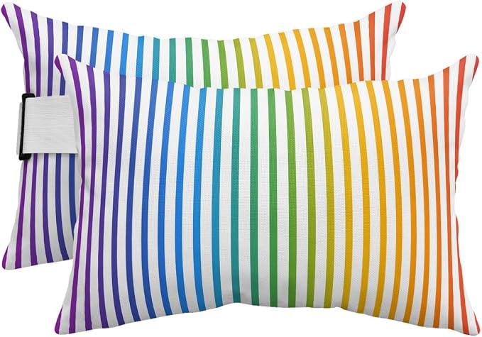 Pack of 4 Outdoor Lumbar Pillow Covers 11x16 Inch, Thin Rainbow Striped Waterproof Throw Pillow Covers Set, Farmhouse Modern Stripes Indoor&Outdoor Decorative Cushion Cases for Patio Porch Car