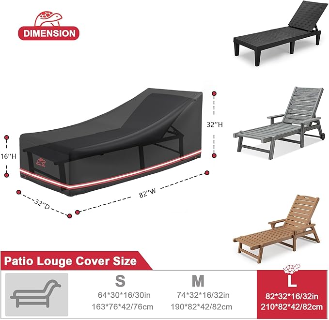 Turtle Life Patio Lounge Chair Cover Waterproof Heavy Duty Outdoor Chaise Lounge Covers with Upgrade Air Vent, 1 Pack - 82L x 32W x 32H inch, Black