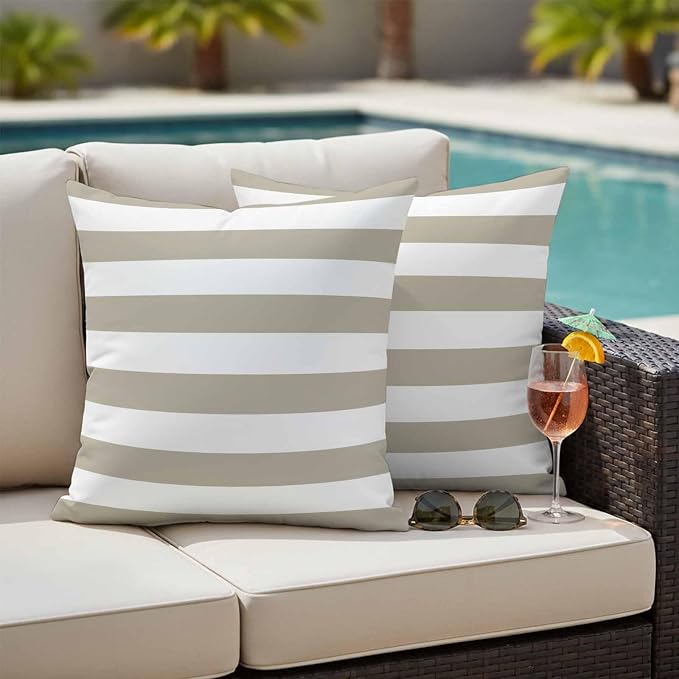 JasmineM Outdoor Pillow Cover 24x24 Inches Set of 2 Tan and White Stripe Waterproof Throw Pillow Covers Taupe Tan Brown Stripes Decorative Pillowcases Garden Cushion Case for Patio Couch Sofa