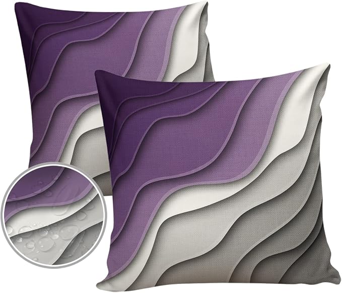 Funy Decor Waterproof Outdoor Throw Pillow Cover Purple Grey Modern Geometric Lumbar Pillowcases Set of 2 Abstract Beach Decorative Patio Furniture Pillows for Couch Garden 16x16 inch x 2pcs
