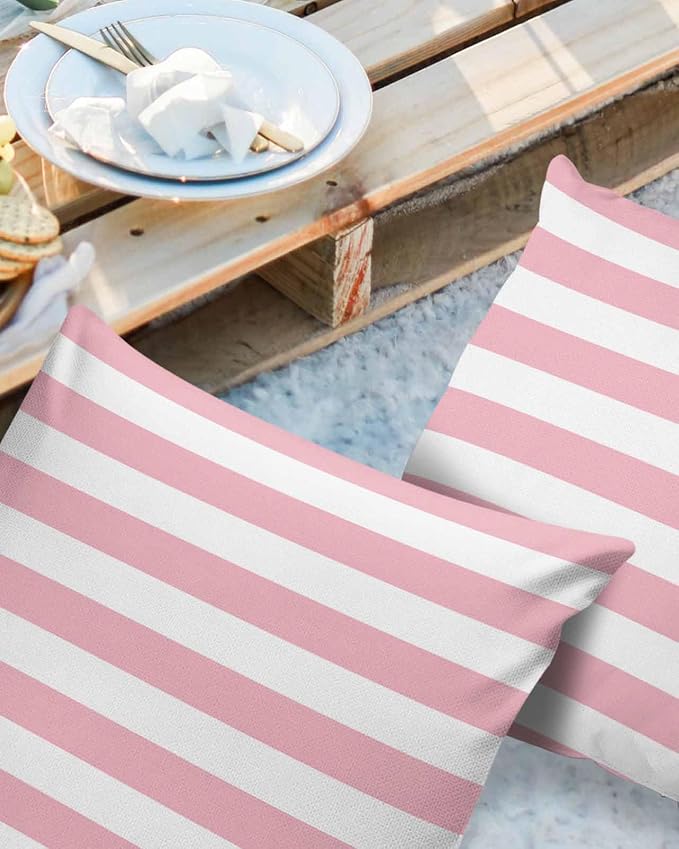 Outdoor Pillows 20x20 Waterproof Outdoor Pillow Covers Pink White Stripes Polyester Throw Pillow Covers Garden Cushion Decorative Case for Patio Couch Decoration Set of 2 Valentine's Day