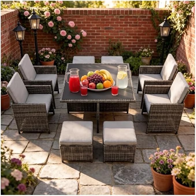 Gasee 9 Pieces Outdoor Dining Sets Patio Rattan Conversation Set Space Saving Wicker Chairs with Glass Table,Gray
