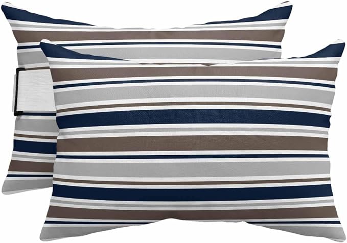 Pack of 4 Outdoor Lumbar Pillow Covers 12x20 Inch, Grey Navy Blue Striped Waterproof Throw Pillow Covers Set, Farmhouse Stripes Modern Abstract Art Outside Decorative Cushion Cases for Patio Porch Car