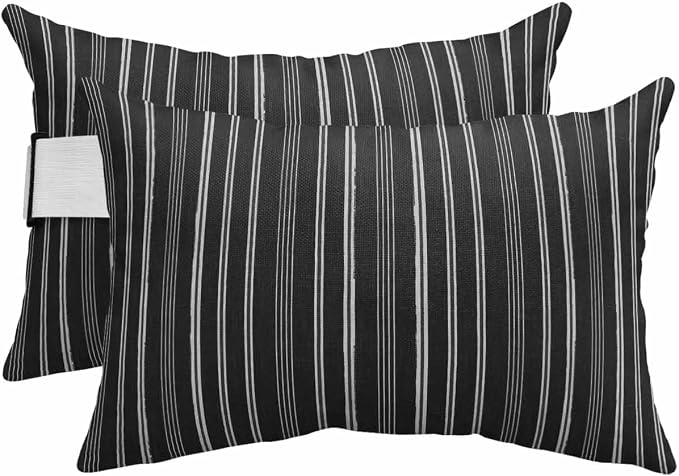 Pack of 2 Outdoor Lumbar Pillow Covers 11x16 Inch, Black Striped Waterproof Throw Pillow Covers Set, Farmhouse Stripes Modern Vintage Indoor&Outdoor Decorative Cushion Cases for Patio Porch Car
