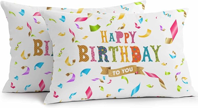 Vandarllin Outdoor Throw Pillows Covers 20x12 inch Set of 2 Waterproof Happy Birthday Decorative Zippered Cushion Covers for Patio Furniture, Colorful Ribbon Celebration Lumbar Pillowcases