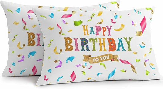 Vandarllin Outdoor Throw Pillows Covers 20x12 inch Set of 2 Waterproof Happy Birthday Decorative Zippered Cushion Covers for Patio Furniture, Colorful Ribbon Celebration Lumbar Pillowcases