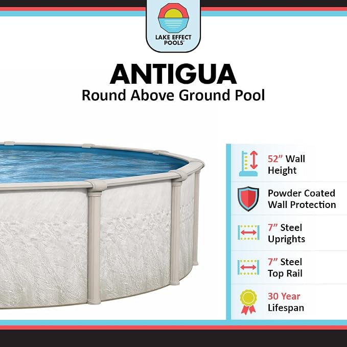 Lake Effect Pools 'Antigua' 12 ft Round Above Ground Swimming Pool | 52 Inch Steel Sided Walls | Kit Includes: 25 Gauge Overlap Liner & Widemouth Skimmer