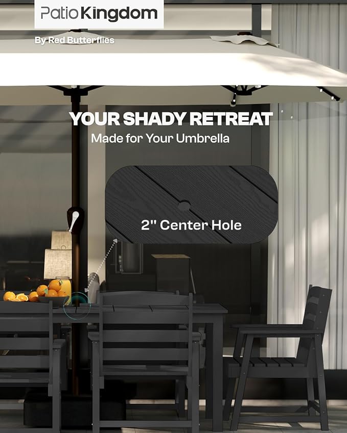 9-Piece Black Outdoor Dining Set with White 15FT Large Patio Umbrella, 75.2'' HDPE Table & Chairs for 8, Weather-Resistant Furniture with Umbrella Hole for Patio, Lawn, Poolside