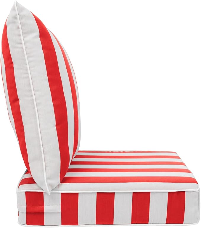 Sherry Kline Cabana Stripe Deep Seat Cushion Set, Reversible Outdoor Patio Replacement Cushions with Contrast Cord, Zippered Removable Seat Cover, 23x24x5 Seat + 25x25 Back, Made in USA - Red/White